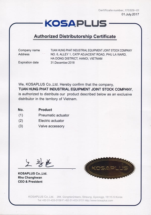 giấy chứng nhận phân phối độc quyền van điều khiển kosaplus